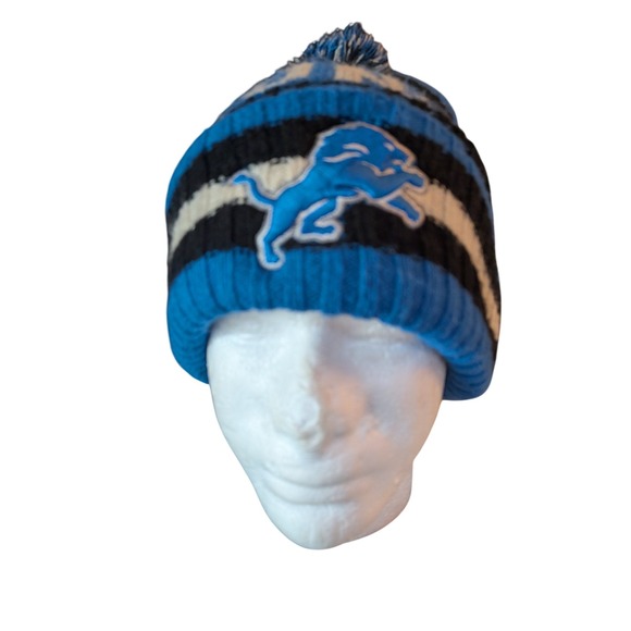 NFL Team Apparel Other - Detroit‎ Lions NFL Knit Beanie Hat Blue Black Striped Pom Cuffed Mens One Size